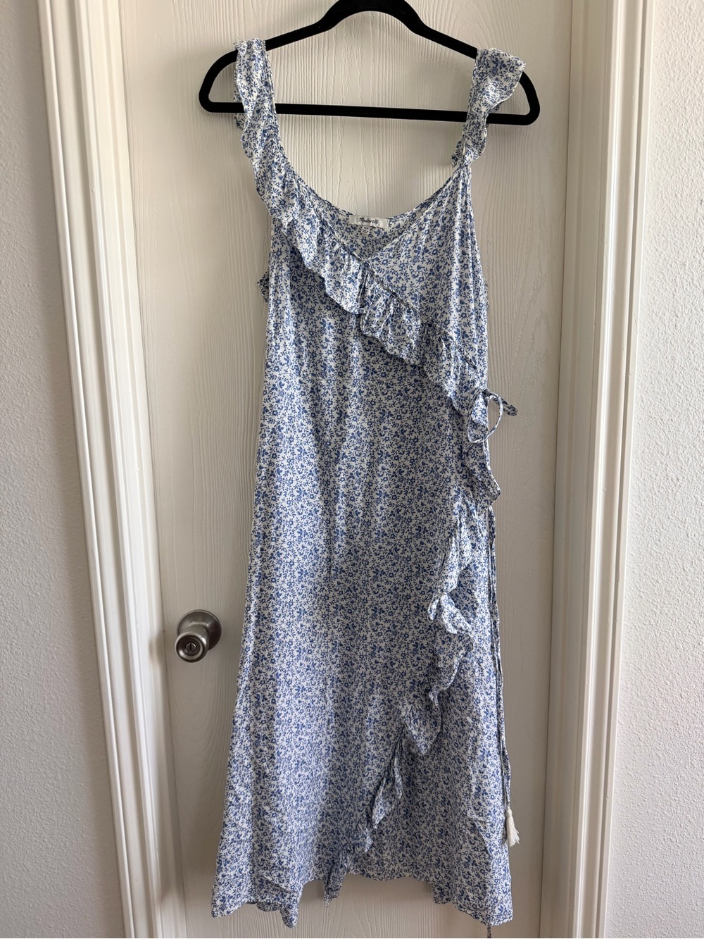 Madewell Blue Floral Ruffle Wrap Midi Dress